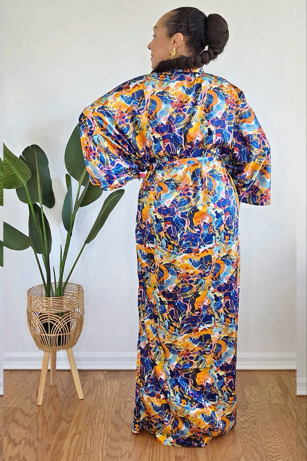 051625 3/4 Sleeve V-neck Button Up Multi Print Maxi Dress