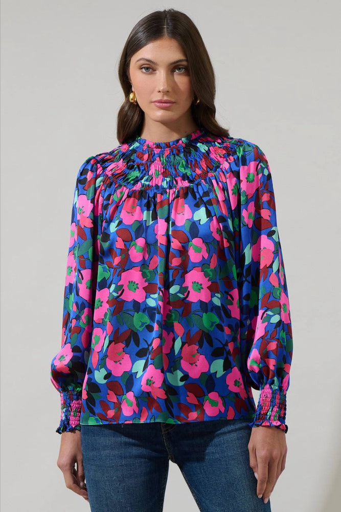 040925 Spring  Royal Blue Florals V Mock Neck Smock Blouse