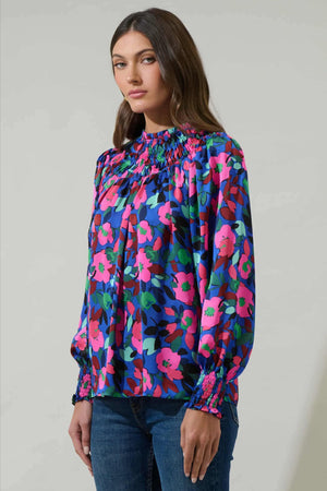 040925 Spring  Royal Blue Florals V Mock Neck Smock Blouse