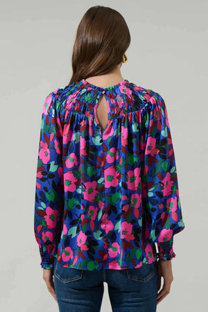 040925 Spring  Royal Blue Florals V Mock Neck Smock Blouse