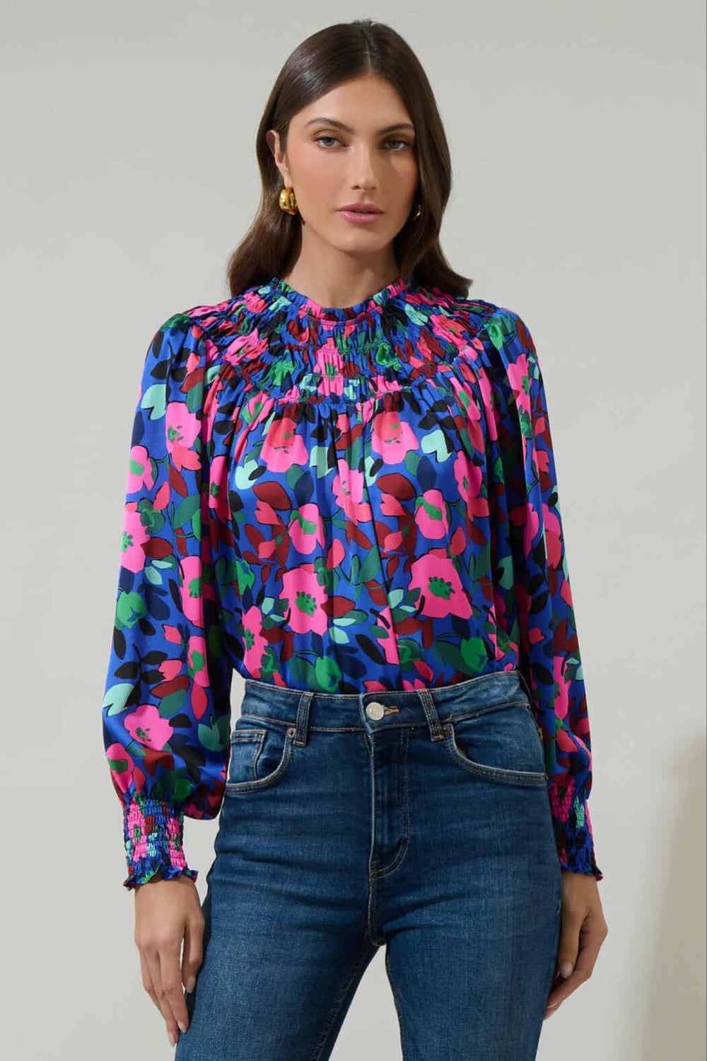 040925 Spring  Royal Blue Florals V Mock Neck Smock Blouse