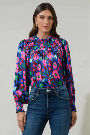 040925 Spring  Royal Blue Florals V Mock Neck Smock Blouse
