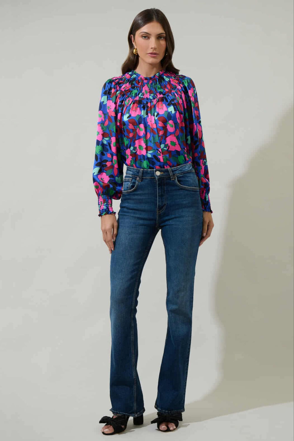 040925 Spring  Royal Blue Florals V Mock Neck Smock Blouse