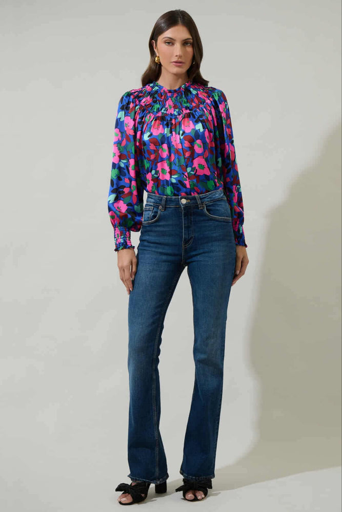 040925 Spring  Royal Blue Florals V Mock Neck Smock Blouse