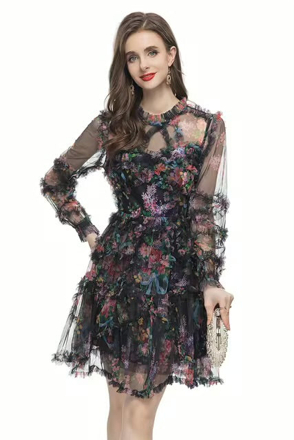 040925 The Black Vintage Florals Tiered Ruffles Mini Dress