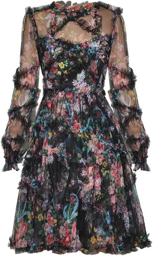 040925 The Black Vintage Florals Tiered Ruffles Mini Dress