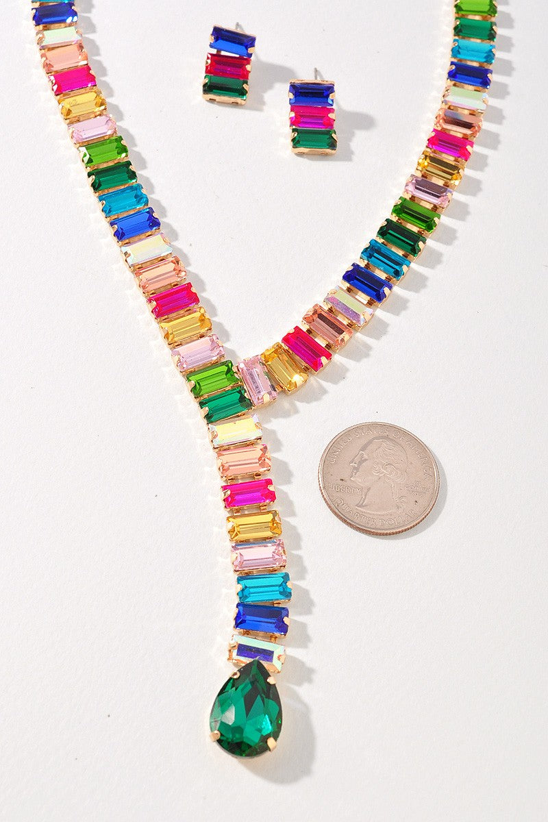 060225 Glass Stone Y Shape Necklace Set