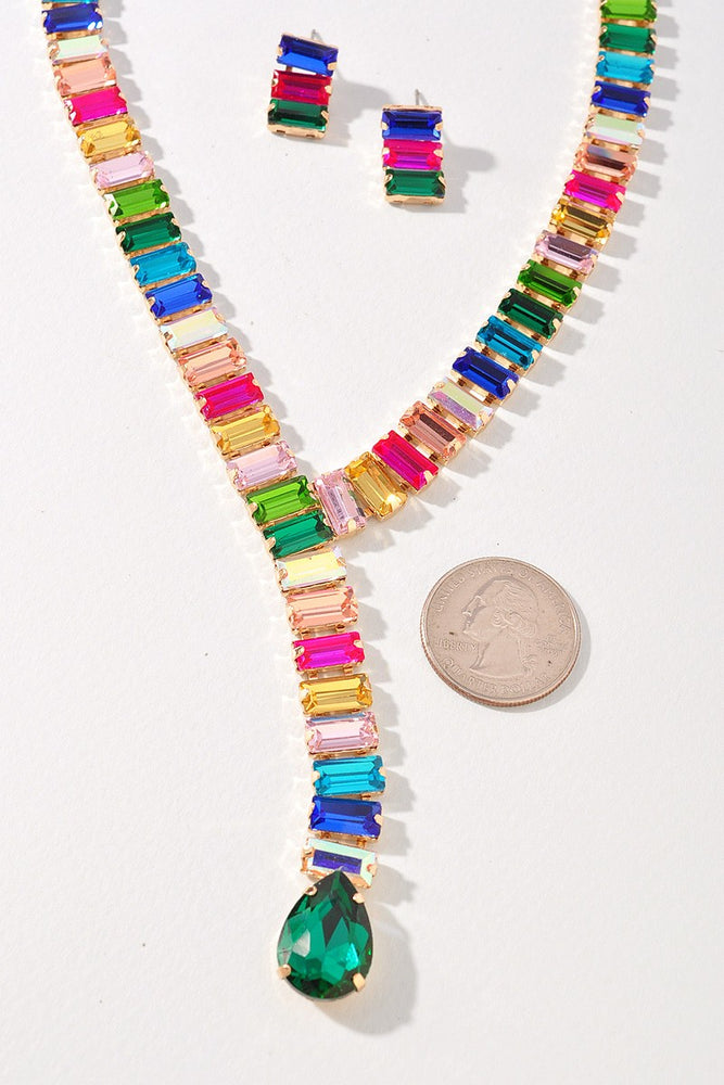 060225 Glass Stone Y Shape Necklace Set