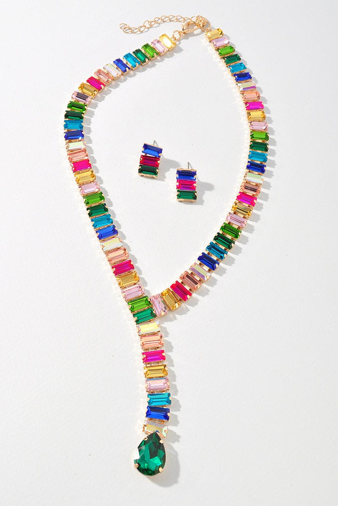 060225 Glass Stone Y Shape Necklace Set