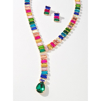 060225 Glass Stone Y Shape Necklace Set