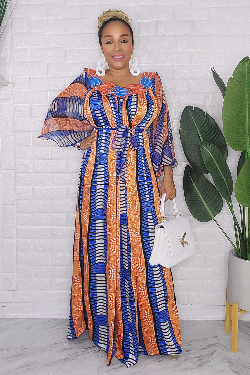 031324 The Orange & Blue Handmade Embroidered African  Print Maxi Dress