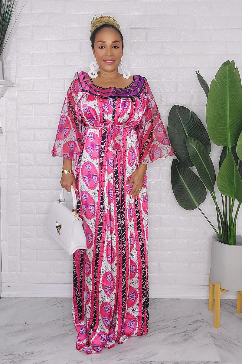 031324 The Pink & White Handmade Embroidered African  Print Maxi Dress
