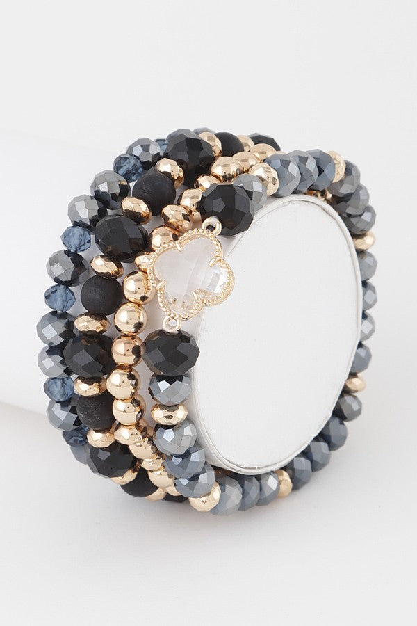 052825 Gold Black Crystal Clover Bead Bracelet