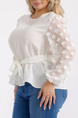 061025 White Pedals Details Long Sleeve Self Tie Blouse