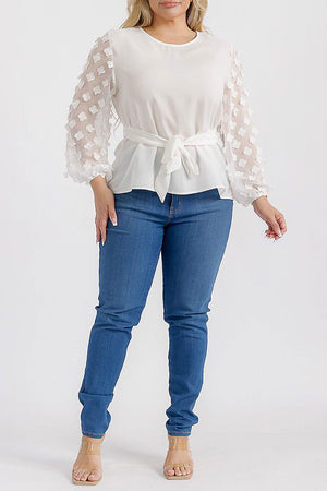 061025 White Pedals Details Long Sleeve Self Tie Blouse