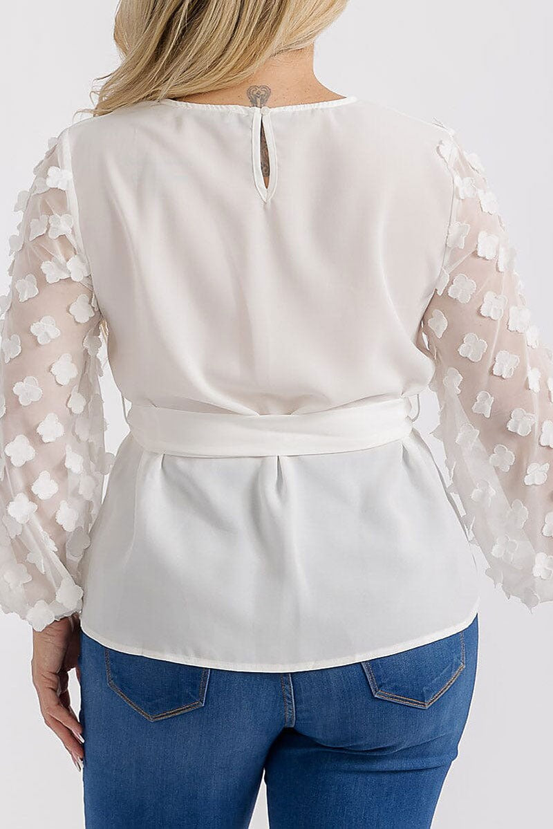 061025 White Pedals Details Long Sleeve Self Tie Blouse