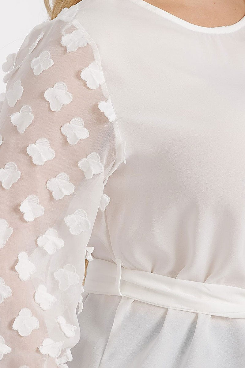 061025 White Pedals Details Long Sleeve Self Tie Blouse