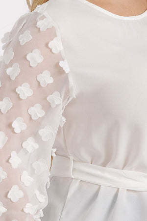 061025 White Pedals Details Long Sleeve Self Tie Blouse