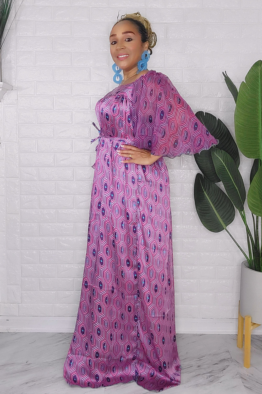 041724 The Purple & Pink Handmade Embroidered African Print Maxi Dress