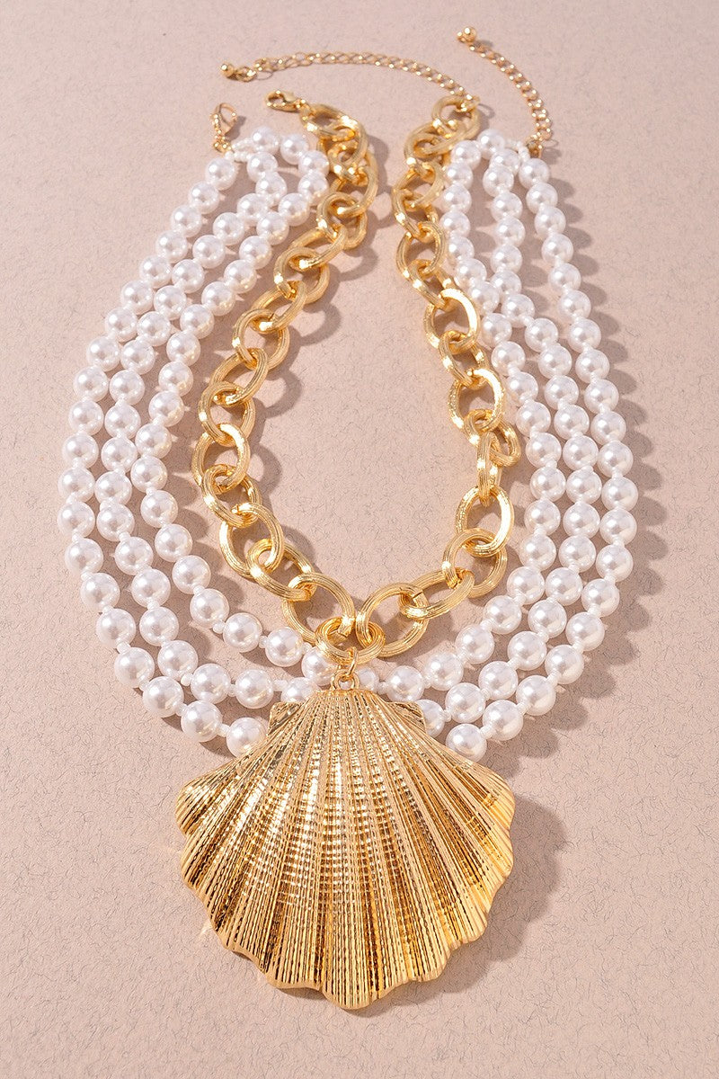 061025 Pearl & Shell Charm Necklace Set