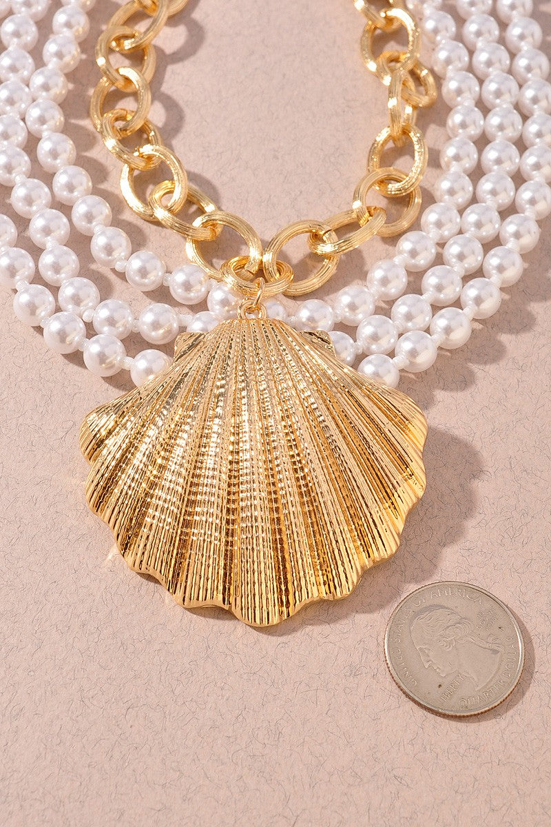 061025 Pearl & Shell Charm Necklace Set