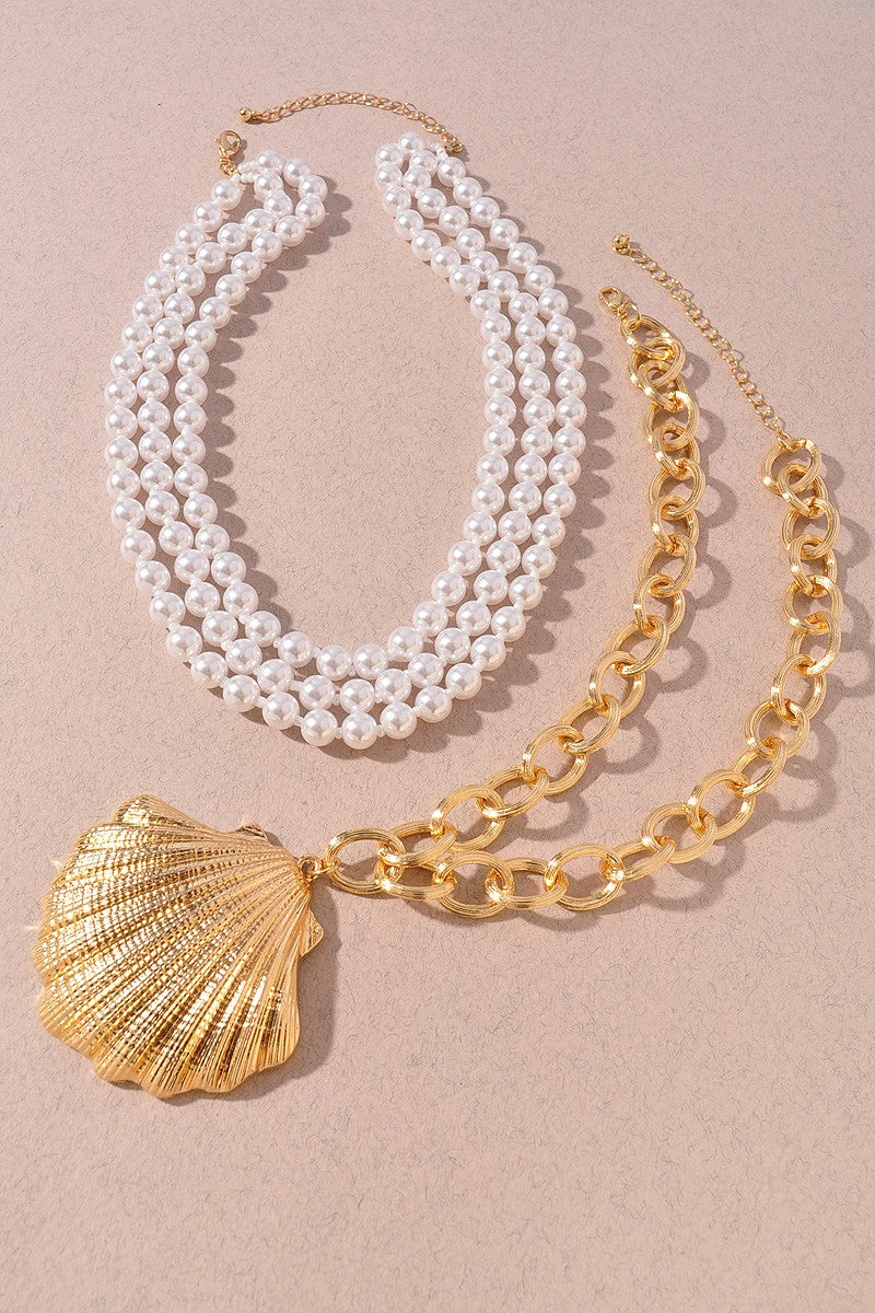 061025 Pearl & Shell Charm Necklace Set