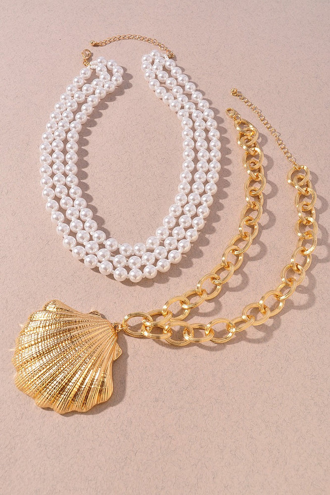 061025 Pearl & Shell Charm Necklace Set