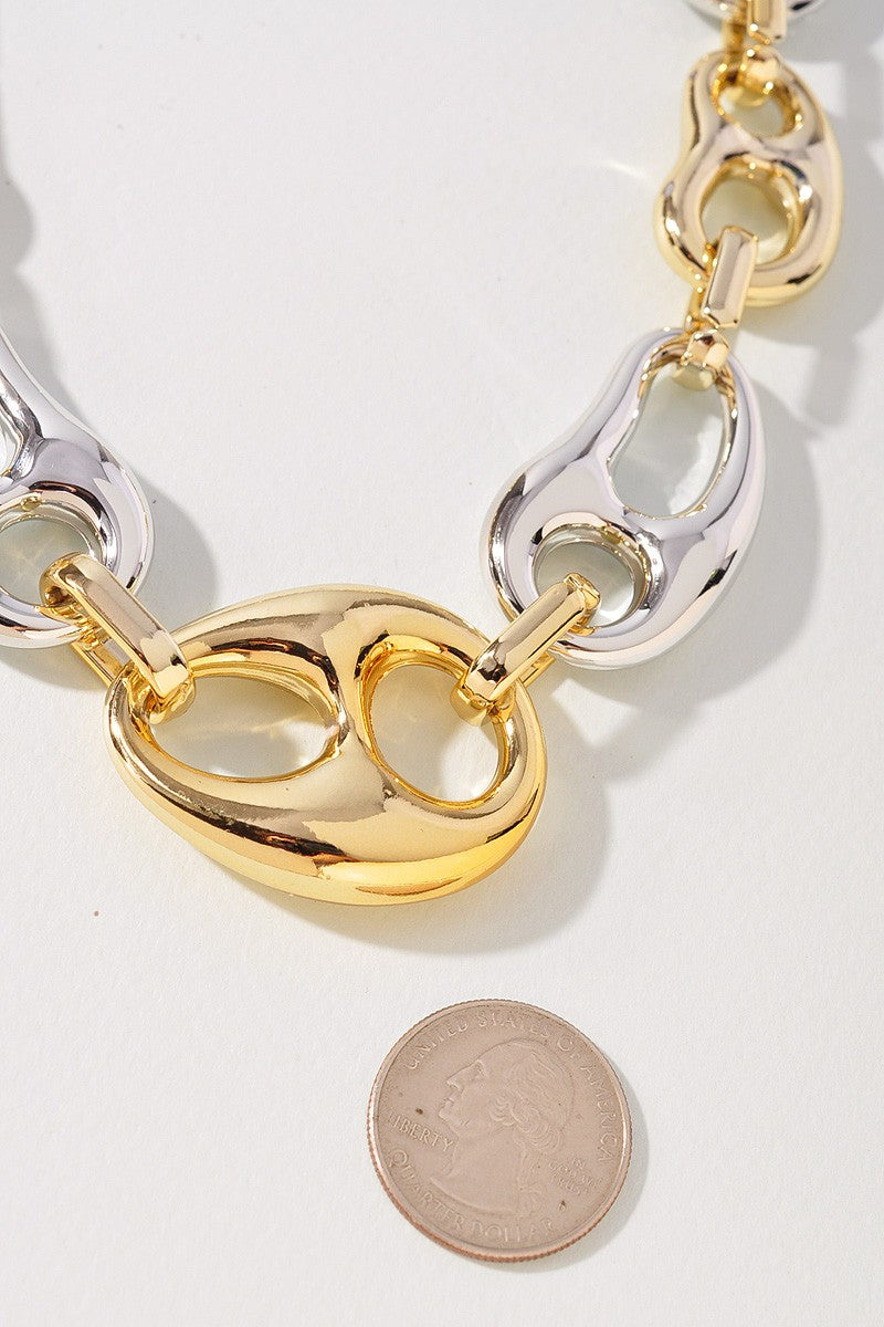 061025 Two Tone Organic Shape Link Metal Necklace