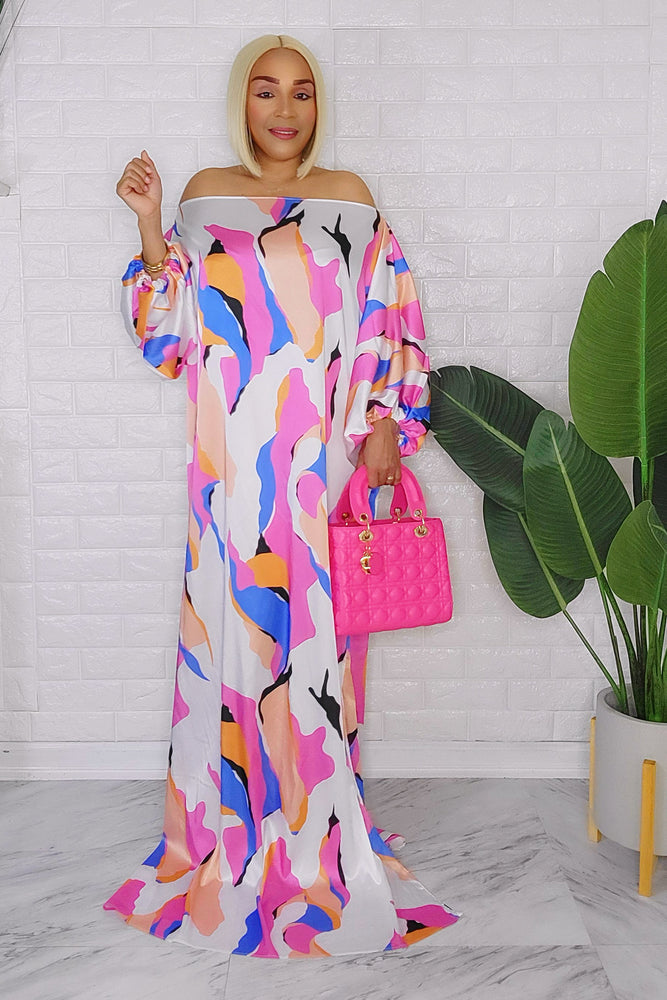 032024 The Pink & White Playful Off The Shoulder Caftan/Dress