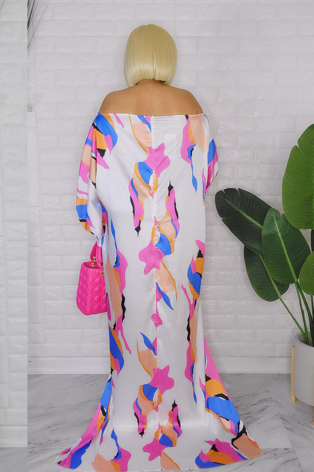 032024 The Pink & White Playful Off The Shoulder Caftan/Dress