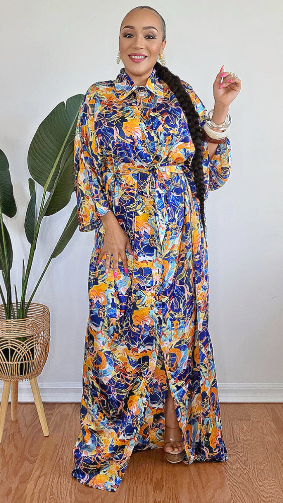 051625 3/4 Sleeve V-neck Button Up Multi Print Maxi Dress