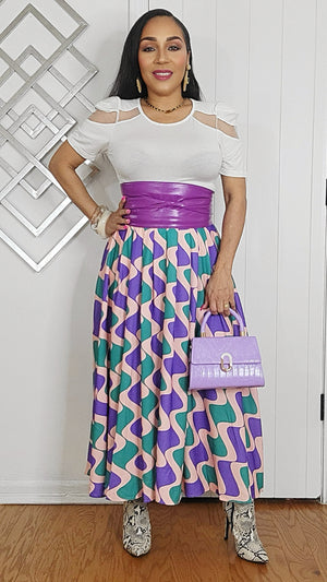 051625 Blue Multi Geometric Print Elastic Waist Midi Skirt