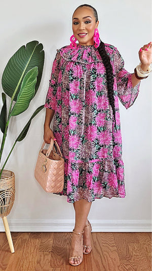 051625 Black Multi Florals Short Sleeve Floral Tunic Mini Dress