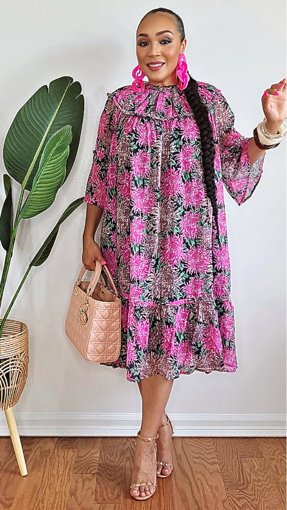 051625 Black Multi Florals Short Sleeve Floral Tunic Mini Dress