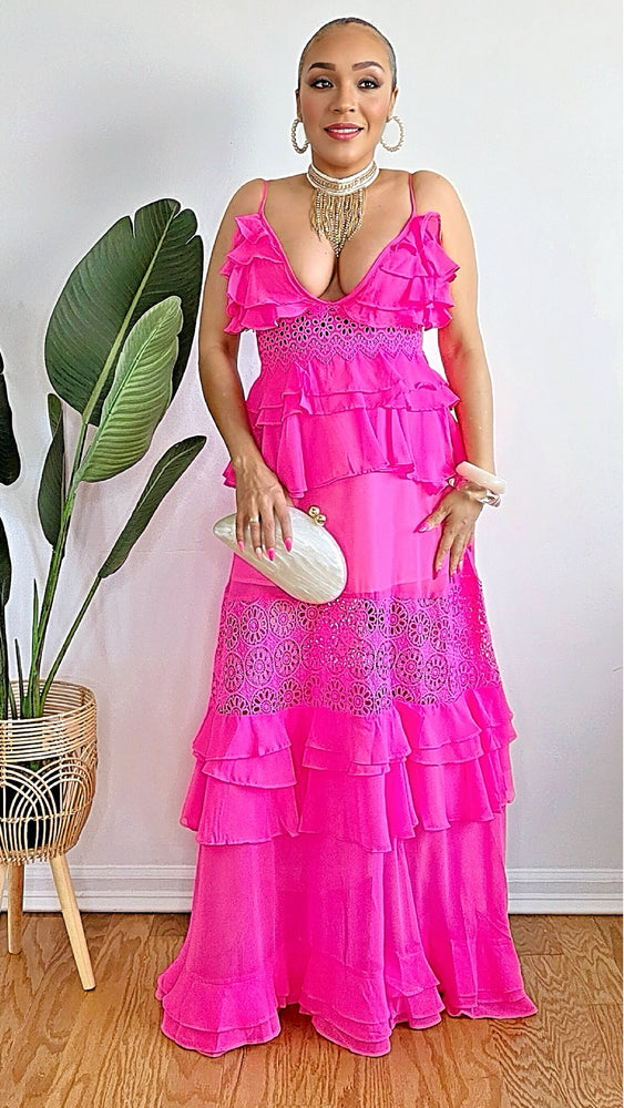 051625 Hot Pink Solid Ruffle Crochet Detail Tiered Maxi Dress