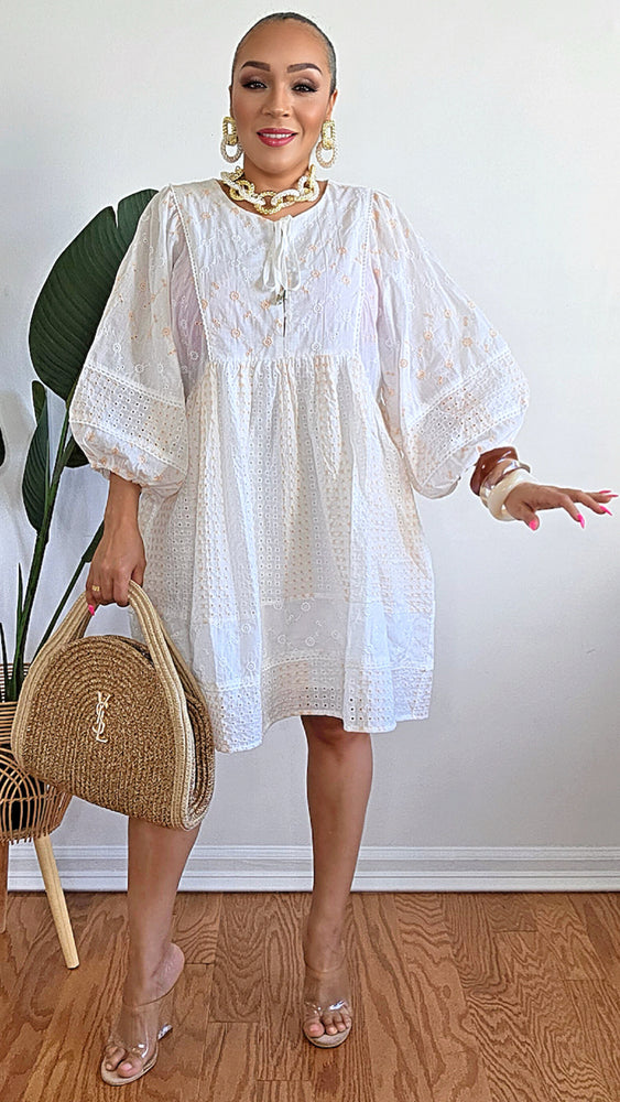 051425 Our Dreamy Front Pockets Floral Eyelet Tunic Mini Dress