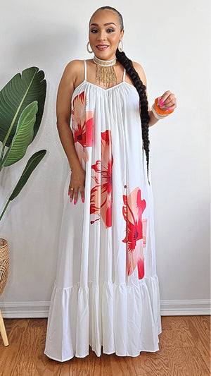050125 Mothers Day White Hibiscus Flower Maxi Dress