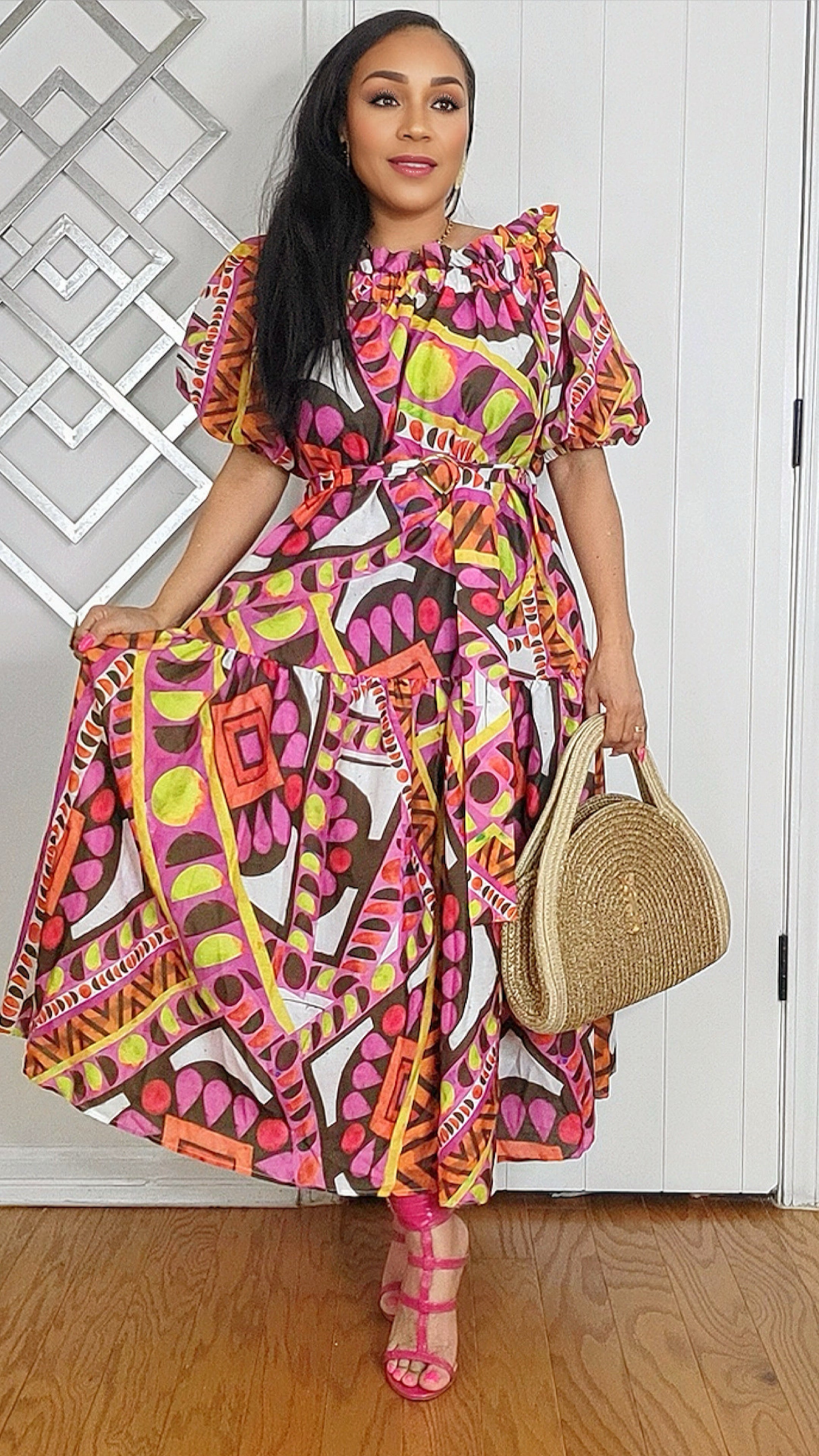 042525 My Africana Multi Print Off The Shoulder Belted Midi Dress