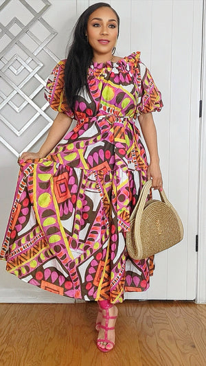 042525 My Africana Multi Print Off The Shoulder Belted Midi Dress