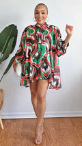 040925 Green Red Multi Print Bow Tie Flowy Oversized Blouse