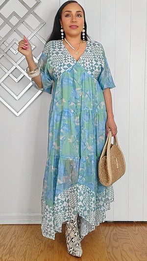 020625 Mint Green Geo & Florals Print Mixed Tiered Maxi Dress
