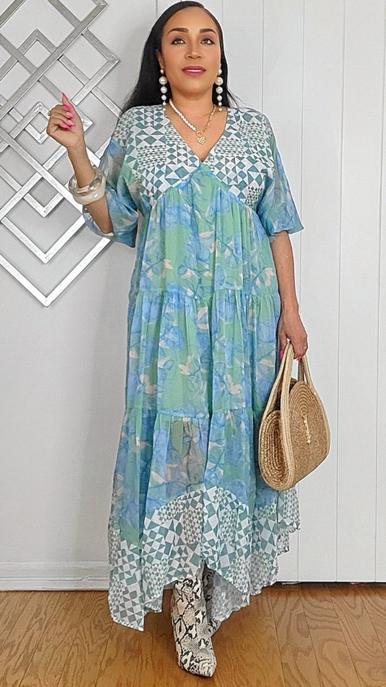 020625 Mint Green Geo & Florals Print Mixed Tiered Maxi Dress