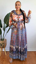 051625 Long Sleeve V-neck Ruffle Multi  Brown Print Maxi Dress