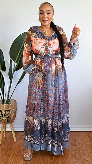 051625 Long Sleeve V-neck Ruffle Multi  Brown Print Maxi Dress