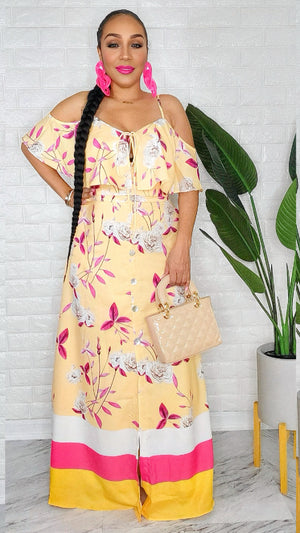 050125 The Yellow & Pink  Florals Print Maxi Skirt with Crop Top