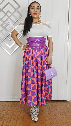 051625 Purple Multi Geometric Print Elastic Waist Midi Skirt