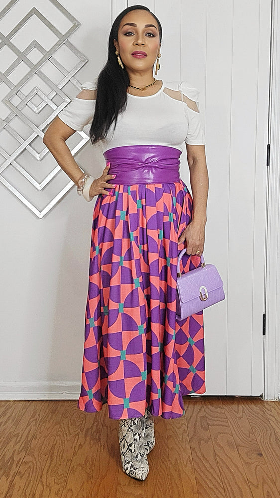 051625 Purple Multi Geometric Print Elastic Waist Midi Skirt