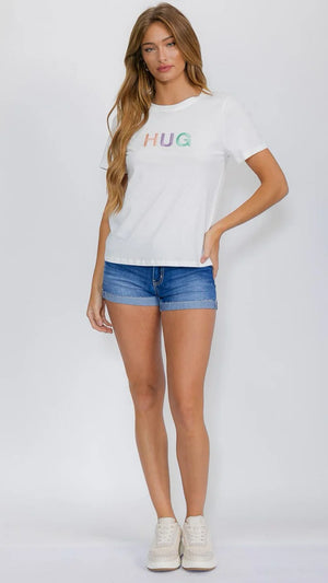 061025 Ivory Short Sleeve HUG Design Graphic Top
