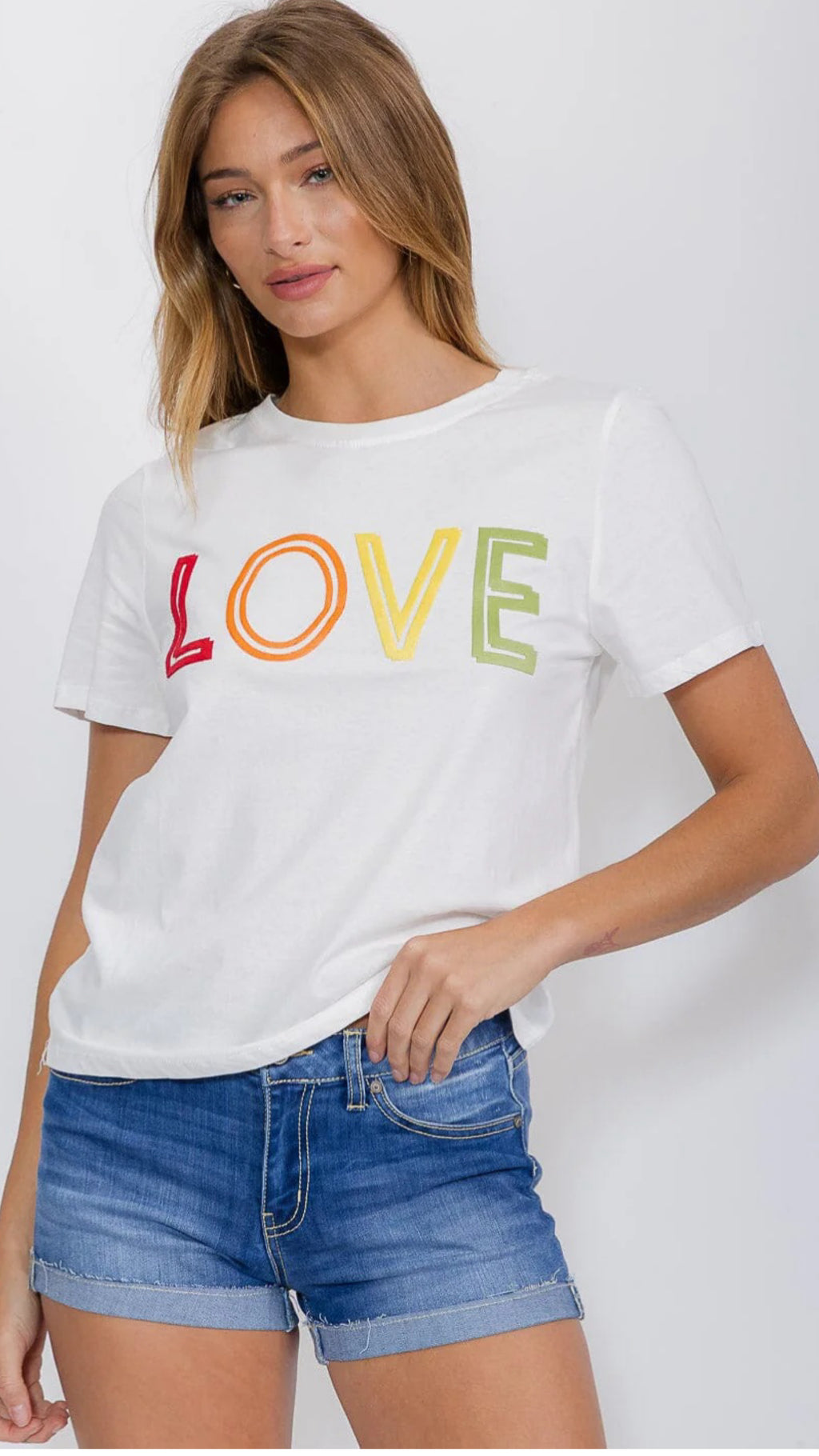 061025 Ivory Short Sleeve LOVE Design Graphic Top