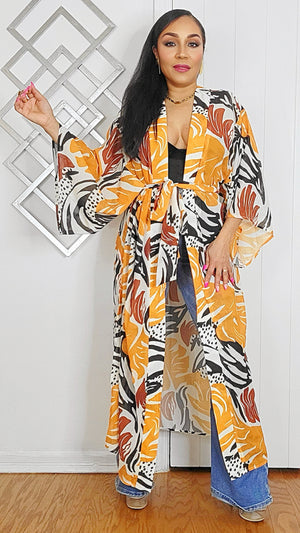 061125 The Orange Tropical Multi Print Kimono With Self Tie